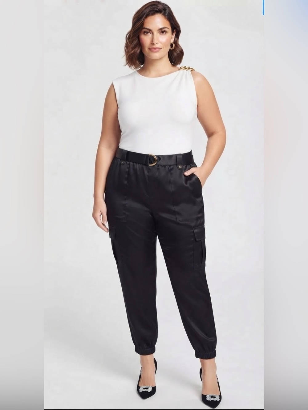🆕 INC Women's Petite High-Rise Belted Satin Cargo Jogger Hem Pants